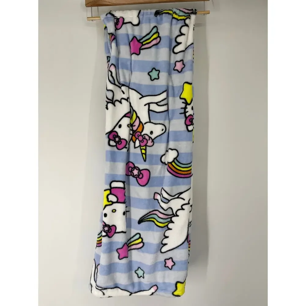 Hello Kitty Plush Throw Blanket 50 x 70 Unicorn Rainbow Blue Stripe Sanrio NEW